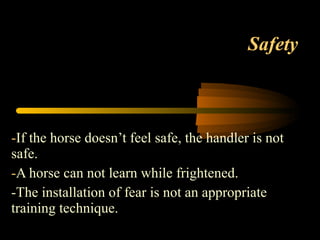 Safety If the horse doesn’t feel safe, the handler is not safe. A horse can not learn while frightened. -The installation of fear is not an appropriate  training technique. 