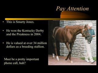 Pay Attention This is Smarty Jones. He won the Kentucky Derby and the Preakness in 2004. He is valued at over 34 million dollars as a breeding stallion. Must be a pretty important phone call, huh? 