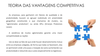 TEORIA DAS VANTAGENS COMPETITIVAS 
As empresas, para ganharem em fatores de qualidade e de 
produtividade, buscam se agrupar (sobretudo em proximidade 
geográfica) constituindo o que chamamos de clusters, ou 
“aglomerados produtivos”, ou ainda APLs (Arranjos Produtivos 
Locais). 
A existência de muitos aglomerados garante uma maior 
competitividade as nações 
Isto se deve ao fato de que onde houver desenvolvimento mútuo 
entre as empresas coligadas, de forma que todas se favorecem, elas 
se aprimoram onde uma puxa a inovação da outra aumentando sua 
produtividade e reduzindo seus custos (especialmente os logísticos). 
 