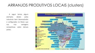 ARRANJOS PRODUTIVOS LOCAIS (clusters) 
A seguir temos alguns 
exemplos destes polos 
industriais bem desenvolvidos 
e configurados no Brasil, que 
nos traz vantagens 
competitivas sobre demais 
países. 
 