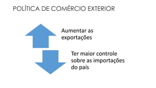 POLÍTICA DE COMÉRCIO EXTERIOR 
Aumentar as 
exportações 
Ter maior controle 
sobre as importações 
do país 
 
