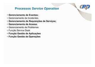 Processos Service Operation
•   Gerenciamento de Eventos;
•   Gerenciamento de Incidentes;
•   Gerenciamento de Requisições de Serviços;
•   Gerenciamento de Acesso;
•   Gerenciamento de Problemas
•   Função Service Desk
•   Função Gestão de Aplicações
•   Função Gestão de Operações
 