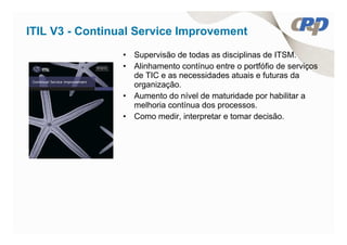 ITIL V3 - Continual Service Improvement
                 • Supervisão de todas as disciplinas de ITSM.
                 • Alinhamento contínuo entre o portfófio de serviços
                   de TIC e as necessidades atuais e futuras da
                   organização.
                 • Aumento do nível de maturidade por habilitar a
                   melhoria contínua dos processos.
                 • Como medir, interpretar e tomar decisão.
 