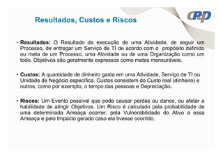 Resultados, Custos e Riscos

• Resultados: O Resultado da execução de uma Atividade, de seguir um
  Processo, de entregar um Serviço de TI de acordo com o propósito definido
  ou meta de um Processo, uma Atividade ou de uma Organização como um
  todo. Objetivos são geralmente expressos como metas mensuráveis.

• Custos: A quantidade de dinheiro gasta em uma Atividade, Serviço de TI ou
  Unidade de Negócio específica. Custos consistem do Custo real (dinheiro) e
  outros, como por exemplo, o tempo das pessoas e Depreciação.

• Riscos: Um Evento possível que pode causar perdas ou danos, ou afetar a
  habilidade de atingir Objetivos. Um Risco é calculado pela probabilidade de
  uma determinada Ameaça ocorrer, pela Vulnerabilidade do Ativo a essa
  Ameaça e pelo Impacto gerado caso ela tivesse ocorrido.
 