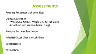 Reading Responses auf dem Blog 
Digitale Aufgaben 
(Wikipedia-Artikel, Vergleich, Aufruf-Video, 
Aufnahme der Szenenübersetzung) 
Aussprache beim laut lesen 
Arbeitsblätter über die Lektüren 
Vokabelteste 
Mitmachen 
Assessments 
 