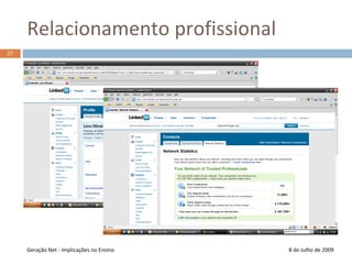 Participação8 de Julho de 2009Os internautas “vivem” cada mais on-lineFacilidade de utilização das ferramentas de criação de contéudoUtilizadores criadores participam na construção da WebUtilizadores visitantes também podem participar, deixando os seus comentáriosWeb 2.0  a Web somos nós!Geração Net - Implicações no Ensino19
