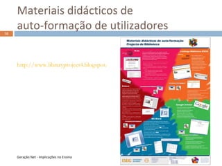 Projectos desenvolvidosProjecto de Biblioteca2008Portal Biblioteca ESEIGDesenvolvimento  de actividades na Biblioteca da ESEIGSolução opensourcede Gestão Documental50Geração Net - Implicações no Ensino8 de Julho de 2009