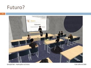 Investigação65Grupo PIGeCoGrupo de investigação criado por docentes da Licenciatura em Ciências e Tecnologias da Documentação e InformaçãoDedica-se à investigação, desenvolvimento e exploração de plataformas de gestão de conteúdos e aplicações Web 2.0, com foco na sua aplicação ao EnsinoBlogue O Canto do PIGeCo: http://pigeco.wordpress.com/Geração Net - Implicações no Ensino8 de Julho de 2009