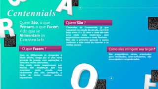 Centennials
Quem São, o que
Pensam, o que Fazem,
e do que se
Alimentam os
Centennials
Com os Millennials já chegando à
idade adulta, chega por aí uma nova
geração de jovens, com aspirações e
vontades muito diferentes.
Eles ainda serão responsáveis por
muitas das mudanças que vão
acontecer neste século, mas
certamente eles não carregarão o
fardo de tentar realizar sonhos
impossíveis.
Chamados de Centennials, já que
nasceram na virada do século, eles têm
hoje entre 0 e 15 anos e têm adotado
uma visão mais moderada, com
expectativas menores e mais flexíveis.
Eles são a primeira geração a nunca
conhecer a vida antes da internet e as
mídias sociais.
São pragmáticos, sérios, orientados
para resultados, auto-suficientes, são
encorajados e empoderados.
O que Fazem ?
Quem São ?
Como eles atimgem seu target?
 