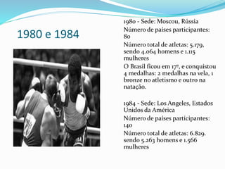 1980 e 1984
1980 - Sede: Moscou, Rússia
Número de países participantes:
80
Número total de atletas: 5.179,
sendo 4.064 homens e 1.115
mulheres
O Brasil ficou em 17º, e conquistou
4 medalhas: 2 medalhas na vela, 1
bronze no atletismo e outro na
natação.
1984 - Sede: Los Angeles, Estados
Unidos da América
Número de países participantes:
140
Número total de atletas: 6.829.
sendo 5.263 homens e 1.566
mulheres
 