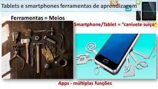Tablets e smartphones ferramentas de aprendizagem
Smartphone/Tablet = “canivete suíço”
Apps - múltiplas funções
Ferramentas = Meios
 