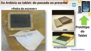 Da Ardósia ao tablet: do passado ao presente
Protótipo
do
Tablet
1983
http://goo.gl/Q92mzL
2010
2007
«Pedra de escrever»
The Apple Bashful
 
