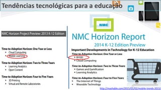 Tendências tecnológicas para a educação
http://mashable.com/2015/01/02/mobile-trends-2015/
 