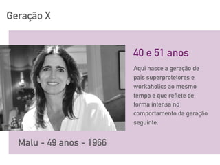 Geração X
40 e 51 anos
Malu - 49 anos - 1966
Aqui nasce a geração de
pais superprotetores e
workaholics ao mesmo
tempo e que reflete de
forma intensa no
comportamento da geração
seguinte.
 