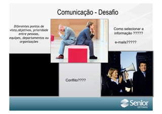 Comunicação - Desafio
   Diferentes pontos de
vista,objetivos, prioridade                      Como selecionar a
      entre pessoas,                             informação ?????
equipes, departamentos ou
       organizações                              e-mails?????




                                Conflito????
 