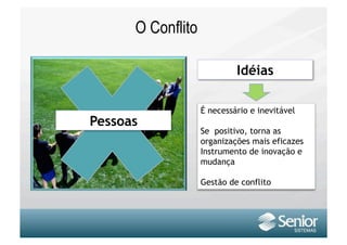 O Conflito

                            Idéias

                   É necessário e inevitável
Pessoas
                   Se positivo, torna as
                   organizações mais eficazes
                   Instrumento de inovação e
                   mudança

                   Gestão de conflito
 