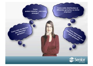 Como estão distribuídas as
                            Como             diferentes gerações na minha
                  podem trabalhar com mais             empresa?
                          sinergia?




                    to   s
              talen
         r os
   o rete rentes
Com as dife s?
    d       çõe
       gera
 