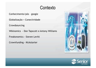 Contexto
Conhecimento/pós – google

Globalização + Conectividade

Crowdsourcing

Wikinomics - Don Tapscott e Antony Williams

Freakonomics - Steven Levitt

Crownfunding - Kickstarter
 