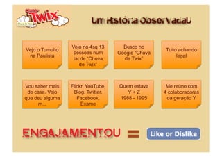 Um História ObservadaU


                 Vejo no 4sq 13       Busco no
Vejo o Tumulto                                      Tuito achando
                  pessoas num       Google “Chuva
 na Paulista                                             legal
                  tal de “Chuva       de Twix”
                     de Twix”



Vou saber mais   Flickr, YouTube,   Quem estava      Me reúno com
 de casa. Vejo    Blog, Twitter,       Y+Z          4 colaboradoras
que deu alguma      Facebook,       1988 - 1995      da geração Y
      m...            Exame




engajamentoU
 
