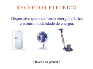 RECEPTOR ELÉTRICO Dispositivo que transforma energia elétrica em outra modalidade de energia. # Inverso do gerador #