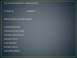 U.E DOM EDILBERTO DINKELBORG 
3° ANO ‘B’ MANHÃ 
PROFESSOR: JUNIOR MORAL 
COMPONENTES: 
FRANCISCO DE ASSIS 
FATIMA GONSALVES 
JAILSON SILVA 
LAIS MOURA 
RONIELI SILVA 
WAGNER VIEIRA 
