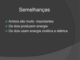 Semelhanças
Ambos são muito importantes
 Os dois produzem energia
 Os dois usam energia cinética e elétrica


 