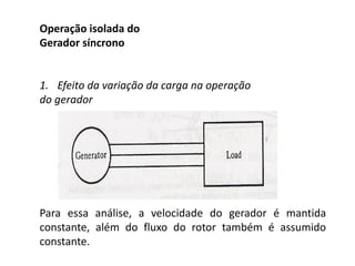 Operação isolada do
Gerador síncrono
1. Efeito da variação da carga na operação
do gerador
Para essa análise, a velocidade do gerador é mantida
constante, além do fluxo do rotor também é assumido
constante.
 