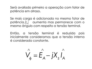 Será avaliado primeiro a operação com fator de
potência em atraso.
Se mais carga é adicionada no mesmo fator de
potência, aumenta mas permanece com o
mesmo ângulo com respeito a tensão terminal.
Então, a tensão terminal é reduzida pois
inicialmente consideramos que a tensão interna
é considerada constante.
A
I
  
  
A s A
V E jX I
 