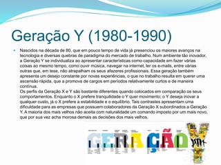 Geração Y (1980-1990)
 Nascidos na década de 80, que em pouco tempo de vida já presenciou os maiores avanços na
tecnologia e diversas quebras de paradigma do mercado de trabalho. Num ambiente tão inovador,
a Geração Y se individualiza ao apresentar características como capacidade em fazer várias
coisas ao mesmo tempo, como ouvir música, navegar na internet, ler os e-mails, entre várias
outras que, em tese, não atrapalham os seus afazeres profissionais. Essa geração também
apresenta um desejo constante por novas experiências, o que no trabalho resulta em querer uma
ascensão rápida, que a promova de cargos em períodos relativamente curtos e de maneira
contínua.
Os perfis da Geração X e Y são bastante diferentes quando colocados em comparação os seus
comportamentos. Enquanto o X prefere tranquilidade o Y quer movimento; o Y deseja inovar a
qualquer custo, já o X prefere a estabilidade e o equilíbrio. Tais contrastes apresentam uma
dificuldade para as empresas que possuem colaboradores da Geração X subordinados a Geração
Y. A maioria dos mais velhos não aceita com naturalidade um comando imposto por um mais novo,
que por sua vez acha morosa demais as decisões dos mais velhos.
 