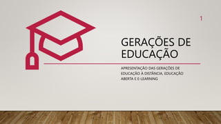 GERAÇÕES DE
EDUCAÇÃO
APRESENTAÇÃO DAS GERAÇÕES DE
EDUCAÇÃO À DISTÂNCIA, EDUCAÇÃO
ABERTA E E-LEARNING
1
 