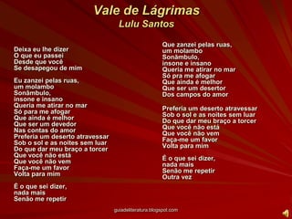Vale de LágrimasLulu SantosDeixa eu lhe dizerO que eu passeiDesde que vocêSe desapegou de mimEu zanzei pelas ruas,um molamboSonâmbulo,insone e insanoQueria me atirar no marSó para me afogarQue ainda é melhorQue ser um devedorNas contas do amorPreferia um deserto atravessarSob o sol e as noites sem luarDo que dar meu braço a torcerQue você não estáQue você não vemFaça-me um favorVolta para mimÉ o que sei dizer,nada maisSenão me repetirQue zanzei pelas ruas,um molamboSonâmbulo,insone e insanoQueria me atirar no marSó pra me afogarQue ainda é melhorQue ser um desertorDos campos do amor	Preferia um deserto atravessarSob o sol e as noites sem luarDo que dar meu braço a torcerQue você não estáQue você não vemFaça-me um favorVolta para mimÉ o que sei dizer,nada maisSenão me repetirOutra vezguiadeliteratura.blogspot.com