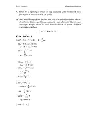 Gerak Harmonik adiwarsito.wordpress.com 
9. Sebuah benda digantungkan dengan tali yang panjangnya 1,6 m. Berapa detik waktu 
yang diperlukan untuk melakukan 100 ayunan. 
10. Untuk mengukur percepatan grafitasi bumi dilakukan percobaan sebagai berikut : 
sebuah bandul diikat dengan tali yang panjangnya 1 meter, kemudian diberi simpagan 
dan dilepas. Ternyata dalam 100 detik bandul melakukan 50 ayunan. Berapakah 
percepatan grafitasi bumi. 
KUNCI JAWABAN. 
1. a) A = 5 m, f = 1,5 hz, T = 
2 det 
3 
b) v = 15 p cos ( 3pt+30) 
a = -45 p2 sin (3pt+30) 
c) v = 15 3 
m/s 
2 
45p m/s2 
a = - 2 
2 
d) vmaks = 15 p m/s 
amaks = -45 p2 m/s2 
e) Ep = 11,25 p2 m/s2 
Ek = 
135 p2 J 
16 
f) EM = 45 
4 
p2 J 
2. a) EM = 0,02 J 
4 m/s 
vmaks = 3 
30 
b) v = 1 
30 
21 m/s 
c) Ek = 7 
800 
J 
Ep = 0.01125 J 
3. a) T = 0,2 n 3 
 