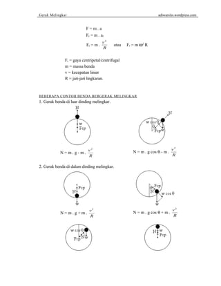Gerak Melingkar adiwarsito.wordpress.com 
F = m . a 
Fr = m . ar 
Fr = m . v 
2 
R 
atau Fr = m w2 R 
Fr = gaya centripetal/centrifugal 
m = massa benda 
v = kecepatan linier 
R = jari-jari lingkaran. 
BEBERAPA CONTOH BENDA BERGERAK MELINGKAR 
1. Gerak benda di luar dinding melingkar. 
N = m . g - m . v 
2 N = m . g cos q - m . v 
R 
2 
R 
2. Gerak benda di dalam dinding melingkar. 
N = m . g + m . v 
2 
R 
N = m . g cos q + m . v 
2 
R 
 