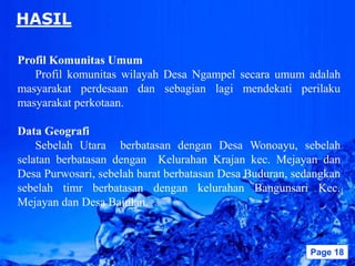 HASIL

Profil Komunitas Umum
   Profil komunitas wilayah Desa Ngampel secara umum adalah
masyarakat perdesaan dan sebagian lagi mendekati perilaku
masyarakat perkotaan.

Data Geografi
    Sebelah Utara berbatasan dengan Desa Wonoayu, sebelah
selatan berbatasan dengan Kelurahan Krajan kec. Mejayan dan
Desa Purwosari, sebelah barat berbatasan Desa Buduran, sedangkan
sebelah timr berbatasan dengan kelurahan Bangunsari Kec.
Mejayan dan Desa Bajulan.


                       Powerpoint Templates               Page 18
 