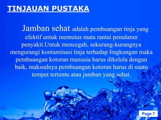 TINJAUAN PUSTAKA

    Jamban sehat adalah pembuangan tinja yang
     efektif untuk memutus mata rantai penularan
   penyakit.Untuk mencegah, sekurang-kurangnya
mengurangi kontaminasi tinja terhadap lingkungan maka
 pembuangan kotoran manusia harus dikelola dengan
 baik, maksudnya pembuangan kotoran harus di suatu
        tempat tertentu atau jamban yang sehat.




                  Powerpoint Templates           Page 7
 