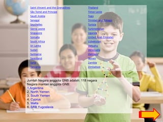 Jumlah Negara anggota GNB adalah: 118 negara
Negara mantan anggota GNB:
1.Argentina
2. North Yemen
3. South Yemen
4. Cyprus
5. Malta
6. SFR Yugoslavia
 