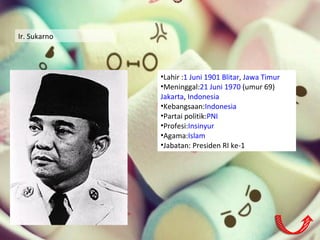 •Lahir :1 Juni 1901 Blitar, Jawa Timur
•Meninggal:21 Juni 1970 (umur 69)
Jakarta, Indonesia
•Kebangsaan:Indonesia
•Partai politik:PNI
•Profesi:Insinyur
•Agama:Islam
•Jabatan: Presiden RI ke-1
Ir. Sukarno
 