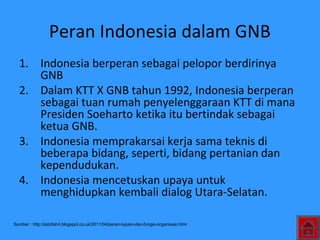 Peran Indonesia dalam GNB
1. Indonesia berperan sebagai pelopor berdirinya
GNB
2. Dalam KTT X GNB tahun 1992, Indonesia berperan
sebagai tuan rumah penyelenggaraan KTT di mana
Presiden Soeharto ketika itu bertindak sebagai
ketua GNB.
3. Indonesia memprakarsai kerja sama teknis di
beberapa bidang, seperti, bidang pertanian dan
kependudukan.
4. Indonesia mencetuskan upaya untuk
menghidupkan kembali dialog Utara-Selatan.
Sumber : http://azizfahri.blogspot.co.uk/2011/04/peran-tujuan-dan-fungsi-organisasi.html
 