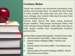 Gerhana Bulan
Terjadi saat sebagian atau keseluruhan penampang bulan
tertutup oleh bayangan bumi. Itu terjadi bila bumi berada
di antara matahari dan bulan pada satu garis lurus yang
sama, sehingga sinar matahari tidak dapat mencapai bulan
karena terhalangi oleh bumi.
Gerhana bulan muncul bila bulan sedang beroposisi
dengan matahari. Tetapi karena kemiringan bidang orbit
bulan terhadap bidang ekliptika, maka tidak setiap oposisi
bulan dengan matahari akan mengakibatkan terjadinya
gerhana bulan.
Gerhana Bulan dapat dielompokkan menjadi 3 jenis yaitu:
1. Gerhana Bulan Total (GBT) = Total Lunar Eclipse.
2. Gerhana Bulan Sebagian (GBS) = Partial Lunar
Eclipse.
3. Gerhana Bulan Penumbra (GBP) = Penumbral Lunar
Eclipse.
4. Gerhana Bulan Penumbra Sebagian (GBPS) = Partial
Penumbral Lunar Eclipse .

 