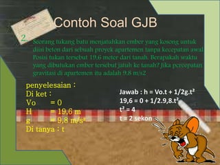 Contoh Soal GJB 
2. Seorang tukang batu menjatuhkan ember yang kosong untuk 
diisi beton dari sebuah proyek apartemen tanpa kecepatan awal. 
Posisi tukan tersebut 19,6 meter dari tanah. Berapakah waktu 
yang dibutukan ember tersebut jatuh ke tanah? Jika percepatan 
gravitasi di apartemen itu adalah 9,8 m/s2 
penyelesaian : 
Di ket : 
Jawab : h = Vo.t + 1/2g.t² 
Vo = 0 
19,6 = 0 + 1/2.9,8.t² 
H = 19,6 m 
t² = 4 
g = 9,8 m/s² 
t = 2 sekon 
Di tanya : t 
 