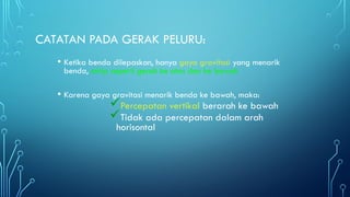 CATATAN PADA GERAK PELURU:
• Ketika benda dilepaskan, hanya gaya gravitasi yang menarik
benda, mirip seperti gerak ke atas dan ke bawah
• Karena gaya gravitasi menarik benda ke bawah, maka:
Percepatan vertikal berarah ke bawah
Tidak ada percepatan dalam arah
horisontal
 