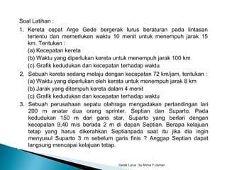Gerak Lurus : by Ahma Y Usman
Soal Latihan :
1. Kereta cepat Argo Gede bergerak lurus beraturan pada lintasan
tertentu dan memerlukan waktu 10 menit untuk menempuh jarak 15
km. Tentukan :
(a) Kecepatan kereta
(b) Waktu yang diperlukan kereta untuk menempuh jarak 100 km
(c) Grafik kedudukan dan kecepatan terhadap waktu
2. Sebuah kereta sedang melaju dengan kecepatan 72 km/jam, tentukan :
(a) Waktu yang diperlukan oleh kerata untuk menempuh jarak 8 km
(b) Jarak yang ditempuh kereta dalam 4 menit
(c) Grafik kedudukan dan kecepatan terhadap waktu
3. Sebuah perusahaan sepatu olahraga mengadakan pertandingan lari
200 m anatar dua orang sprinter. Septian dan Suparto. Pada
kedudukan 150 m dari garis star, Suparto yang berlari dengan
kecepatan 9,40 m/s berada 2 m di depan Septian. Berapa kelajuan
tetap yang harus dikerahkan Septianpada saat itu jika dia ingin
menyusul Suparto 3 m sebelum garis finis ? Anggap Septian dapat
langsung mencapai kelajuan tetap.
 