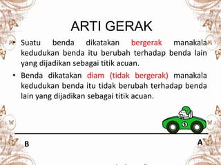 ARTI GERAK
• Suatu benda dikatakan bergerak manakala
kedudukan benda itu berubah terhadap benda lain
yang dijadikan sebagai titik acuan.
• Benda dikatakan diam (tidak bergerak) manakala
kedudukan benda itu tidak berubah terhadap benda
lain yang dijadikan sebagai titik acuan.
AB
 