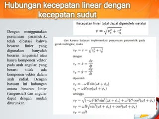 Dengan menggunakan
persamaan parametrik,
telah dibatasi bahwa
besaran linier yang
digunakan hanyalah
besaran tangensial atau
hanya komponen vektor
pada arah angular, yang
berarti tidak ada
komponen vektor dalam
arah radial. Dengan
batasan ini hubungan
antara besaran linier
(tangensial) dan angular
dapat dengan mudah
diturunkan.
 