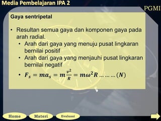 PGMI
Gaya sentripetal
• Resultan semua gaya dan komponen gaya pada
arah radial.
• Arah dari gaya yang menuju pusat lingkaran
bernilai positif
• Arah dari gaya yang menjauhi pusat lingkaran
bernilai negatif
• 𝑭 𝒔 = 𝒎𝒂 𝒔 = 𝒎
𝒗 𝟐
𝑹
= 𝒎𝝎 𝟐 𝑹 … … … (𝑵)
 