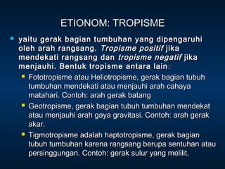 ETIONOM: TROPISME
   yaitu gerak bagian tumbuhan yang dipengaruhi
    oleh arah rangsang. Tropisme positif jika
    mendekati rangsang dan tropisme negatif jika
    menjauhi. Bentuk tropisme antara lain :
      Fototropisme atau Heliotropisme, gerak bagian tubuh

       tumbuhan mendekati atau menjauhi arah cahaya
       matahari. Contoh: arah gerak batang
      Geotropisme, gerak bagian tubuh tumbuhan mendekat

       atau menjauhi arah gaya gravitasi. Contoh: arah gerak
       akar.
      Tigmotropisme adalah haptotropisme, gerak bagian

       tubuh tumbuhan karena rangsang berupa sentuhan atau
       persinggungan. Contoh: gerak sulur yang melilit.
 