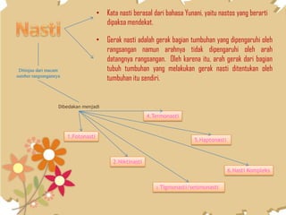 • Gerak nasti adalah gerak bagian tumbuhan yang dipengaruhi oleh
rangsangan namun arahnya tidak dipengaruhi oleh arah
datangnya rangsangan. Oleh karena itu, arah gerak dari bagian
tubuh tumbuhan yang melakukan gerak nasti ditentukan oleh
tumbuhan itu sendiri.
• Kata nasti berasal dari bahasa Yunani, yaitu nastos yang berarti
dipaksa mendekat.
Dibedakan menjadi
1.Fotonasti
2.Niktinasti
3. Tigmonasti/seismonasti
4.Termonasti
5.Haptonasti
6.Nasti Kompleks
Ditinjau dari macam
sumber rangsangannya
 