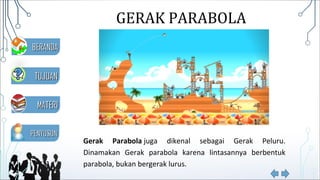 GERAK PARABOLA
Gerak Parabola juga  dikenal  sebagai  Gerak  Peluru. 
Dinamakan  Gerak  parabola  karena  lintasannya  berbentuk 
parabola, bukan bergerak lurus.
MATERIMATERI
TUJUANTUJUAN
PENYUSUNPENYUSUN
BERANDABERANDA
 