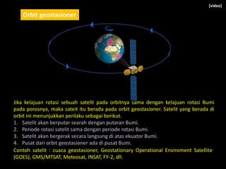 Jika kelajuan rotasi sebuah satelit pada orbitnya sama dengan kelajuan rotasi Bumi
pada porosnya, maka sateit itu berada pada orbit geostasioner. Satelit yang berada di
orbit ini menunjukkan perilaku sebagai berikut.
1. Satelit akan berputar searah dengan putaran Bumi.
2. Periode rotasi satelit sama dengan periode rotasi Bumi.
3. Satelit akan bergerak secara langsung di atas ekuator Bumi.
4. Pusat dari orbit geostasioner ada di pusat Bumi.
Contoh satelit : cuaca geostasioner, Geostationary Operational Enviroment Satellite
(GOES), GMS/MTSAT, Meteosat, INSAT, FY-2, dll.
Orbit geostasioner
[video]
 