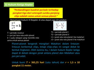 “Perbandingan kuadrat periode terhadap
pangkat tiga dari setengah sumbu panjang
elips adalah sama untuk semua planet.”
3) Hukum Ketiga Kepler
T = periode revolusi
r = jari-jari tara-rata orbit planet
k = suatu tetapan yang memiliki nilai
sama untuk semua planet
Planet-planet bergerak mengitari Matahari dalam lintasan-
lintasan berbentuk elips, tetapi elips-elips ini sangat dekat ke
bentuk lingkaran. Oleh karena itu, r dalam hukum Kepler ketiga
dapat di dekati dengan jarak antara planet dan Matahari atau
jari-jari orbit.
Untuk bumi T = 365,25 hari (satu tahun) dan r = 1,5 x 10
pangkat 11 meter.
T1 = periode planet I
T2 = periode planet II
r1 = jarak rata-rata planet I ke matahari
r2 = jarak rata-rata planet II ke matahari
Persamaan hukum III Keppler di atas dapat juga dinyatakan
 
